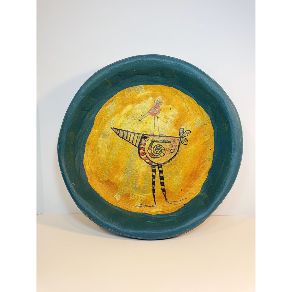 Large Vintage Folk Art Wood Bowl Hand Painted Bird Primitive 16 Inch